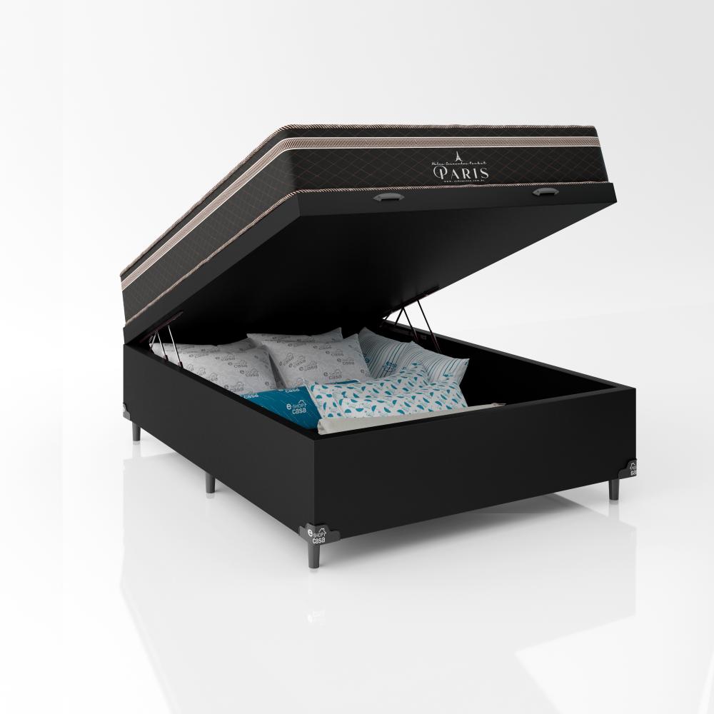 Cama Box Baú Viúva + Colchão Paris Molas Ensacadas Pocket - 66x128x188cm - Couro Preto