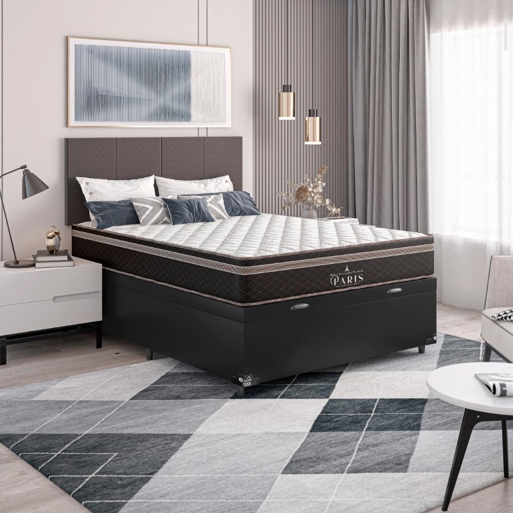 Cama Box Baú Viúva + Colchão Paris Molas Ensacadas Pocket - 66x128x188cm - Couro Preto