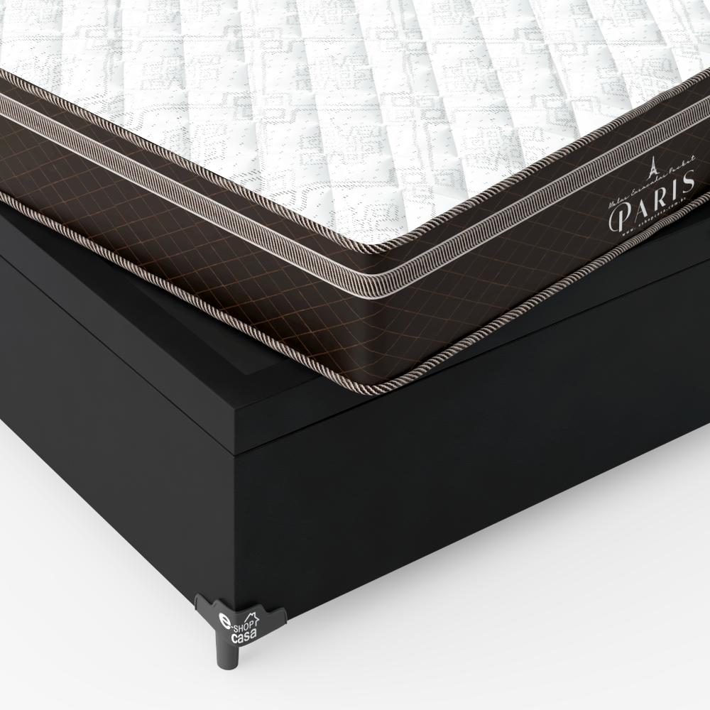 Cama Box Baú Viúva + Colchão Paris Molas Ensacadas Pocket - 66x128x188cm - Couro Preto