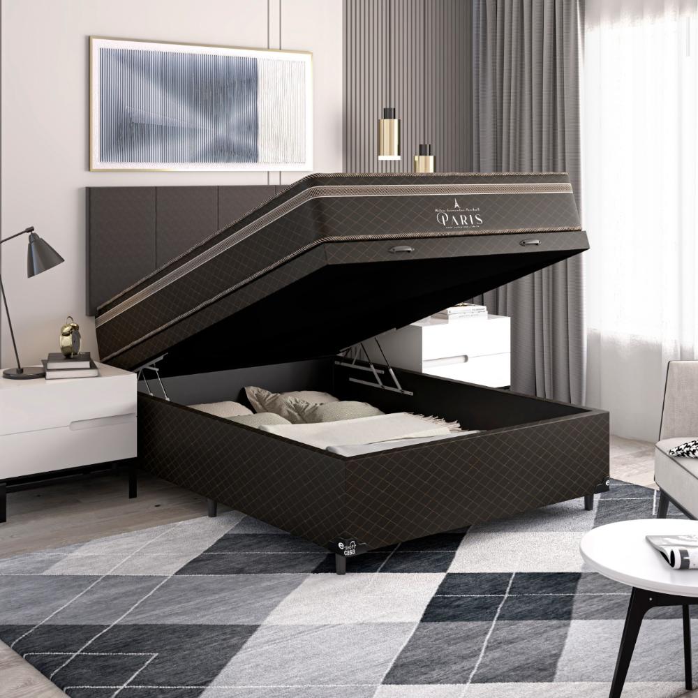 Cama Box Baú Viúva + Colchão Paris Molas Ensacadas Pocket - 66x128x188cm - Jacquard Marrom