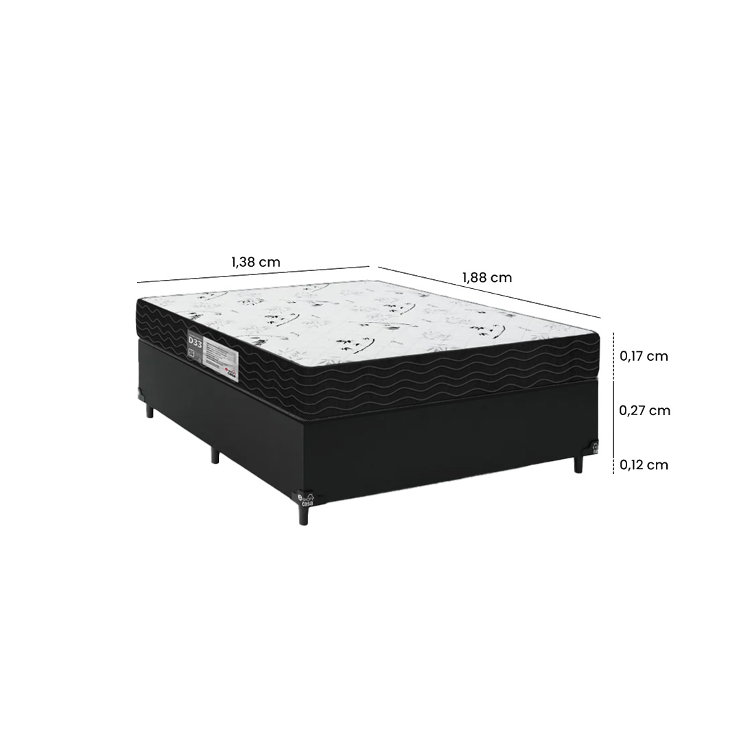 Cama Box Casal + Colchão D33 One Face - 56x138x188cm - Couro Preto