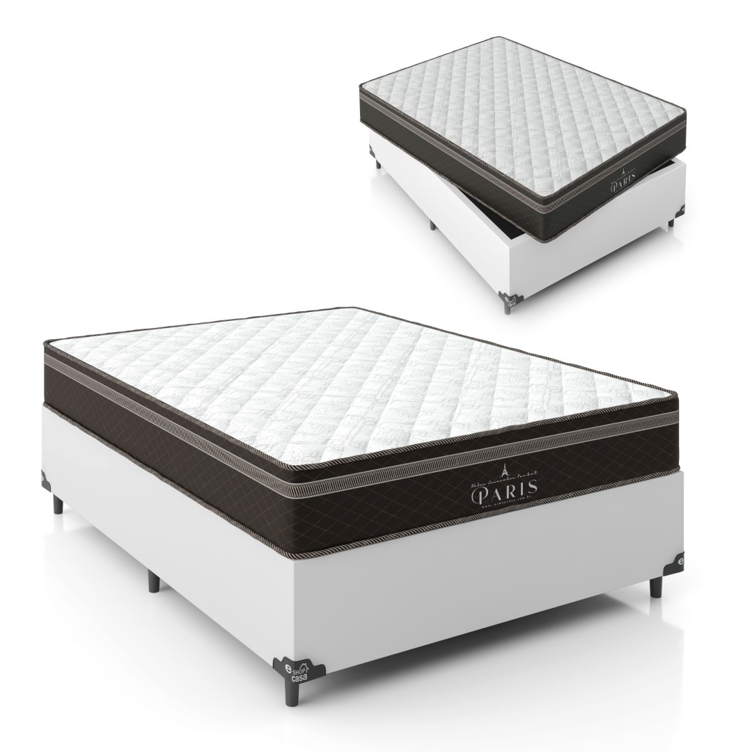 Cama Box Casal + Colchão Paris Molas Ensacadas Pocket - 61x138x188cm - Couro Branco