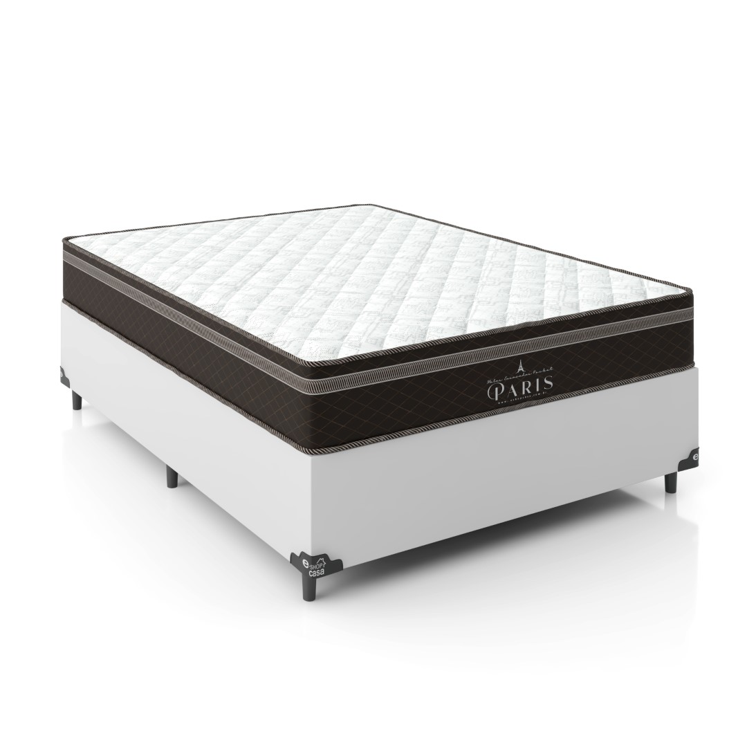 Cama Box Casal + Colchão Paris Molas Ensacadas Pocket - 61x138x188cm - Couro Branco