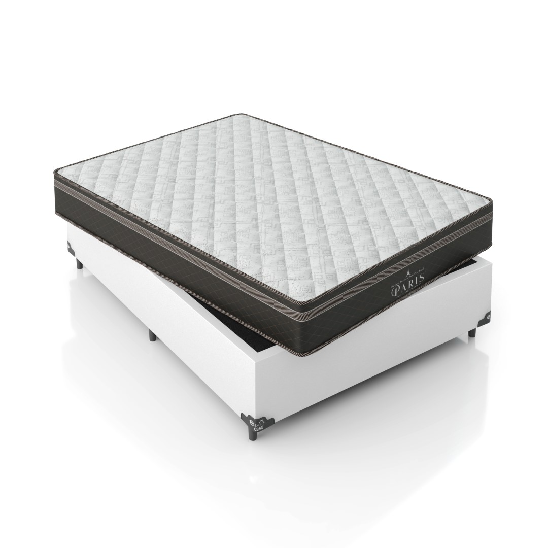 Cama Box Casal + Colchão Paris Molas Ensacadas Pocket - 61x138x188cm - Couro Branco