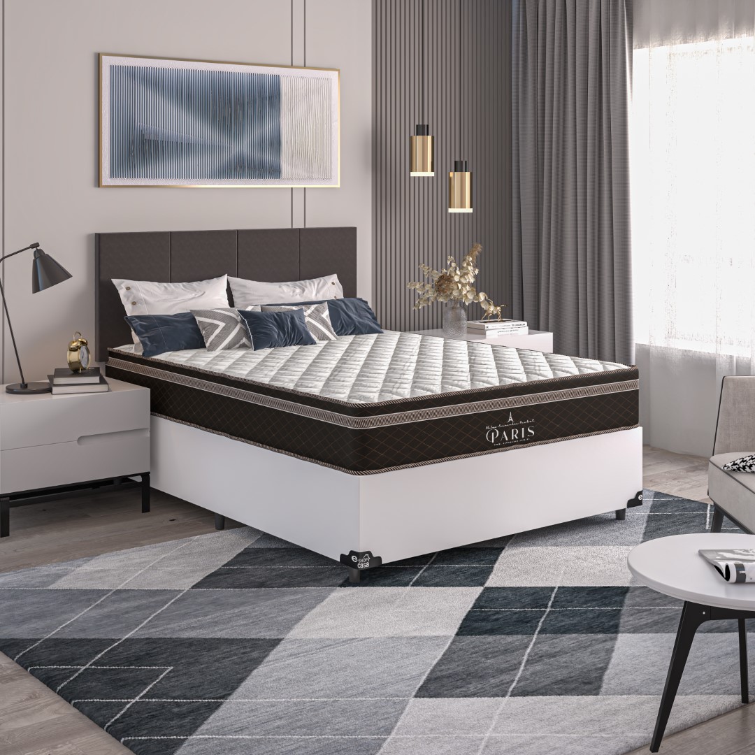 Cama Box Casal + Colchão Paris Molas Ensacadas Pocket - 61x138x188cm - Couro Branco