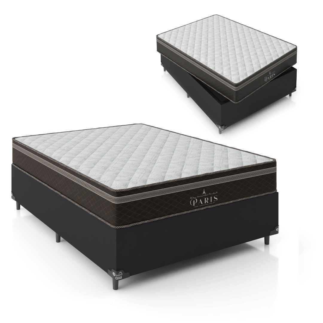 Cama Box Casal + Colchão Paris Molas Ensacadas Pocket - 61x138x188cm - Couro Preto