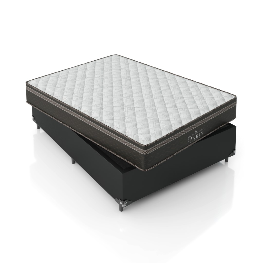 Cama Box Casal + Colchão Paris Molas Ensacadas Pocket - 61x138x188cm - Couro Preto