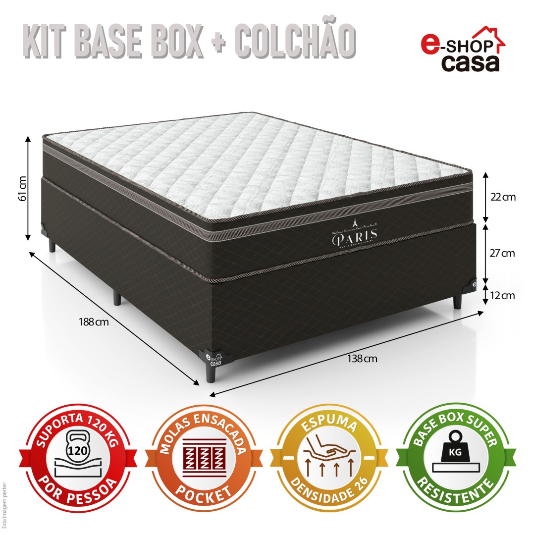 Cama Box Casal + Colchão Paris Molas Ensacadas Pocket - 61x138x188cm - Jacquard Marrom