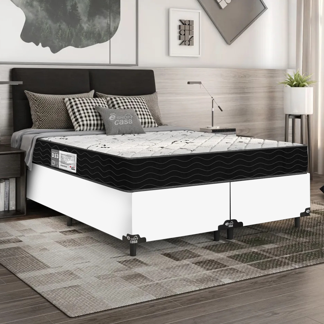 Cama Box Casal Bipartido + Colchão D33 One Face - 56x138x188cm - Couro Branco
