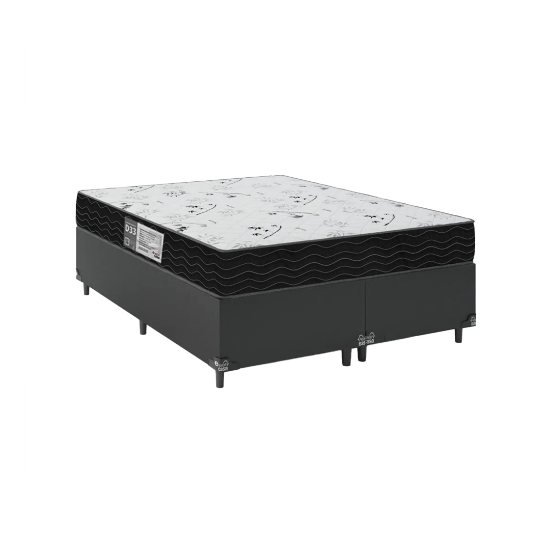 Cama Box Casal Bipartido + Colchão D33 One Face - 56x138x188cm - Couro Preto