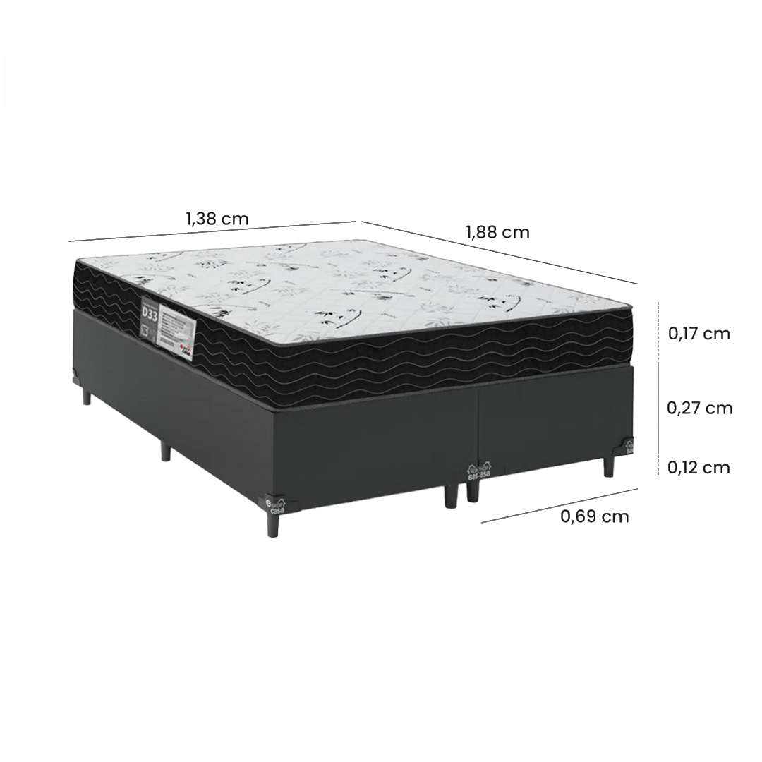 Cama Box Casal Bipartido + Colchão D33 One Face - 56x138x188cm - Couro Preto