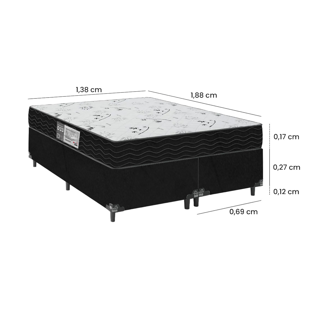 Cama Box Casal Bipartido + Colchão D33 One Face - 56x138x188cm - Suede Preto