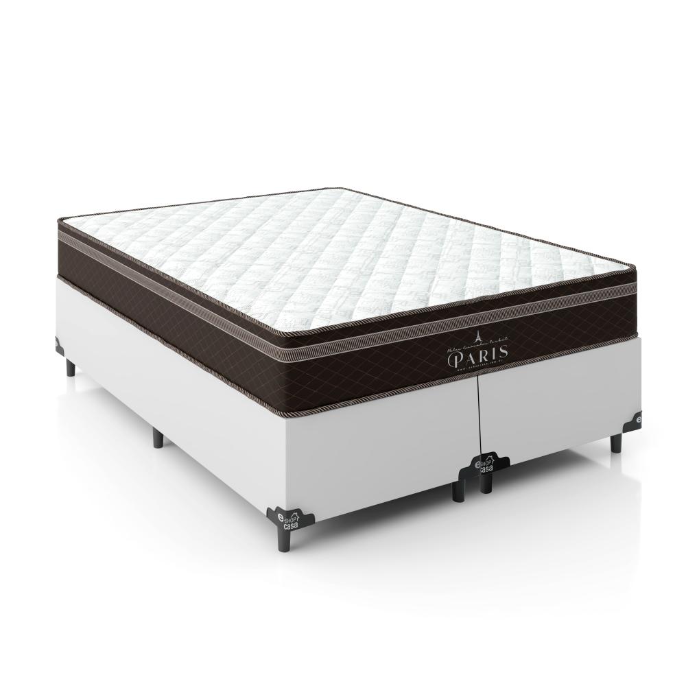 Cama Box Casal Bipartido + Colchão Paris Molas Ensacadas Pocket - 61x138x188cm - Couro Branco