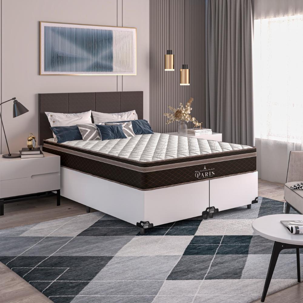 Cama Box Casal Bipartido + Colchão Paris Molas Ensacadas Pocket - 61x138x188cm - Couro Branco