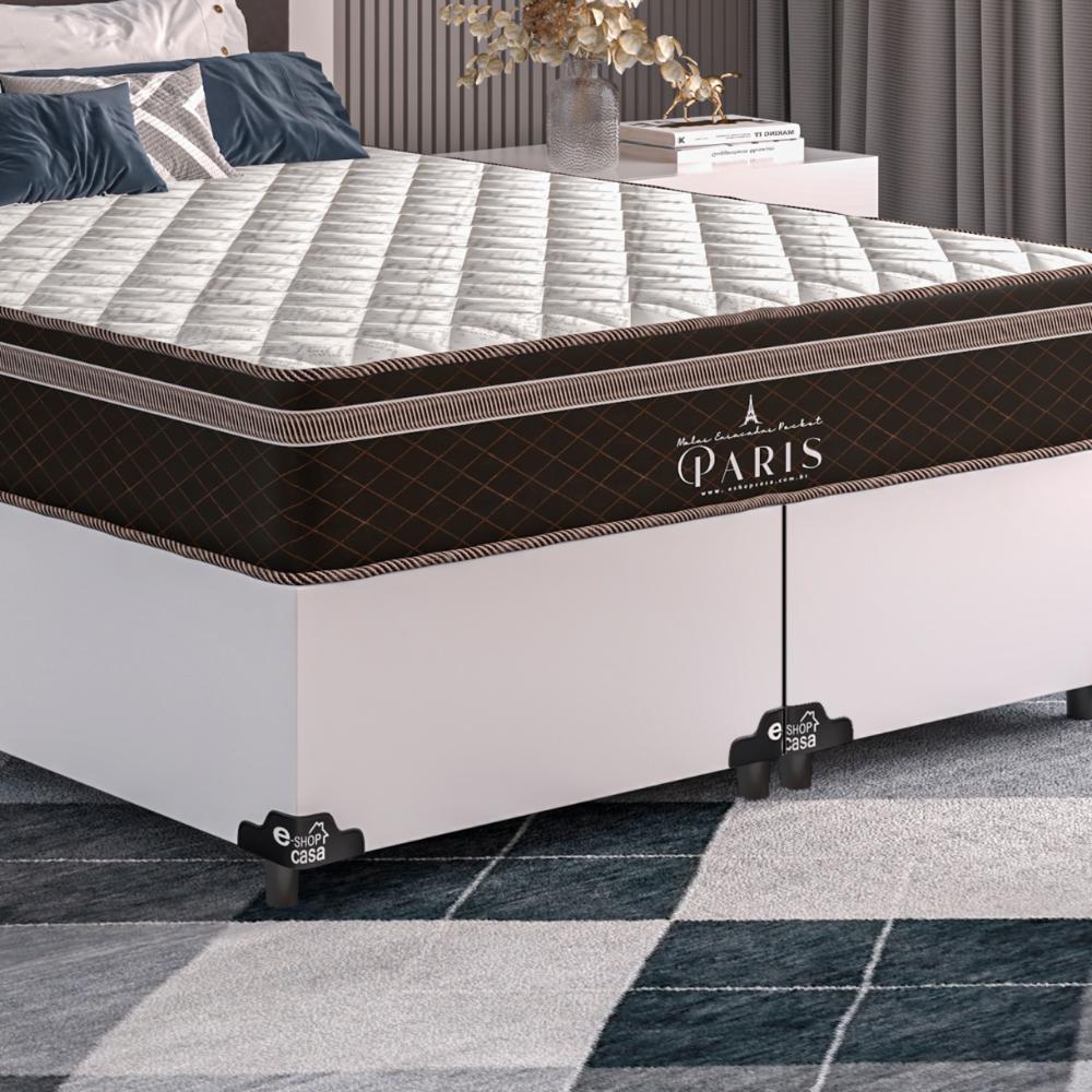 Cama Box Casal Bipartido + Colchão Paris Molas Ensacadas Pocket - 61x138x188cm - Couro Branco