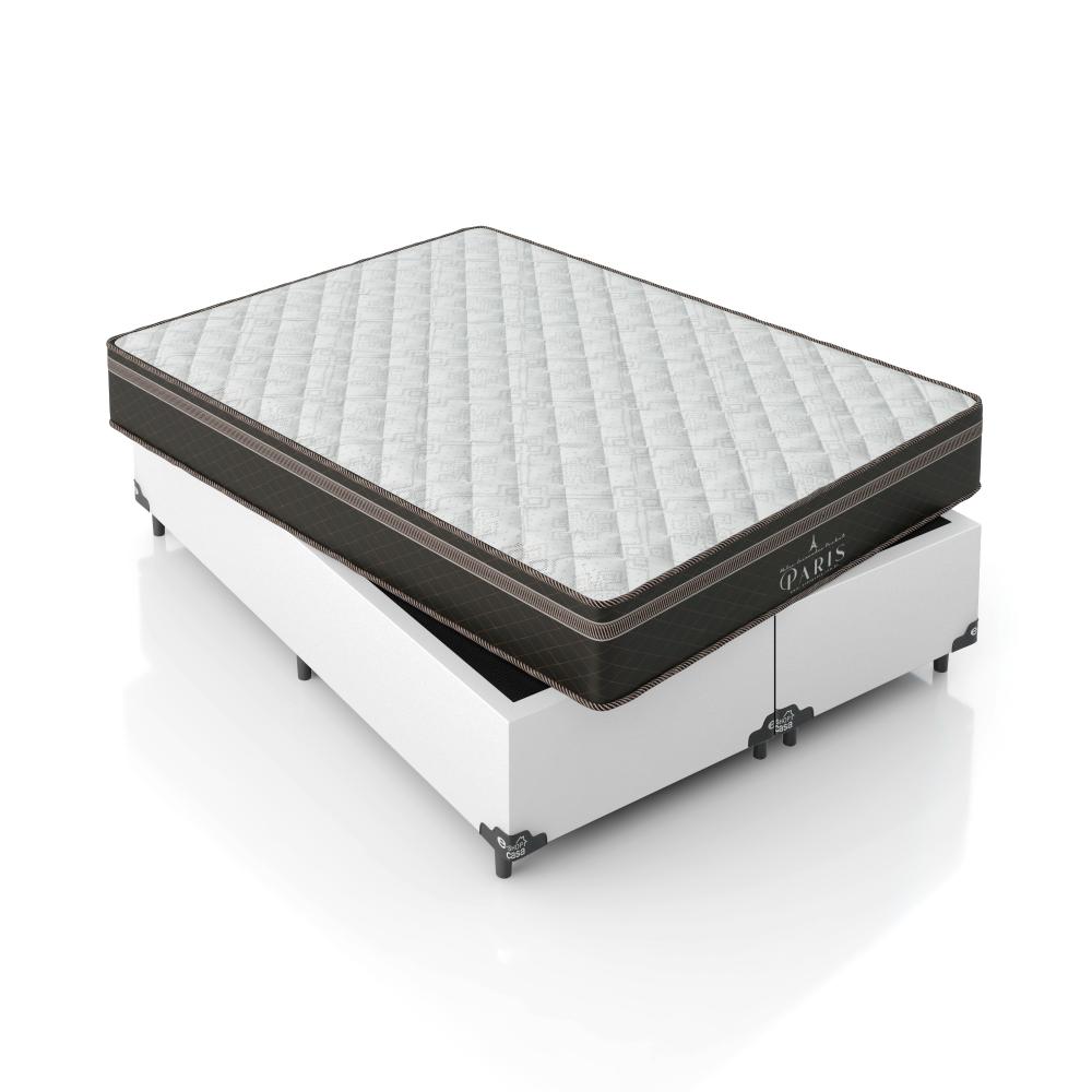 Cama Box Casal Bipartido + Colchão Paris Molas Ensacadas Pocket - 61x138x188cm - Couro Branco