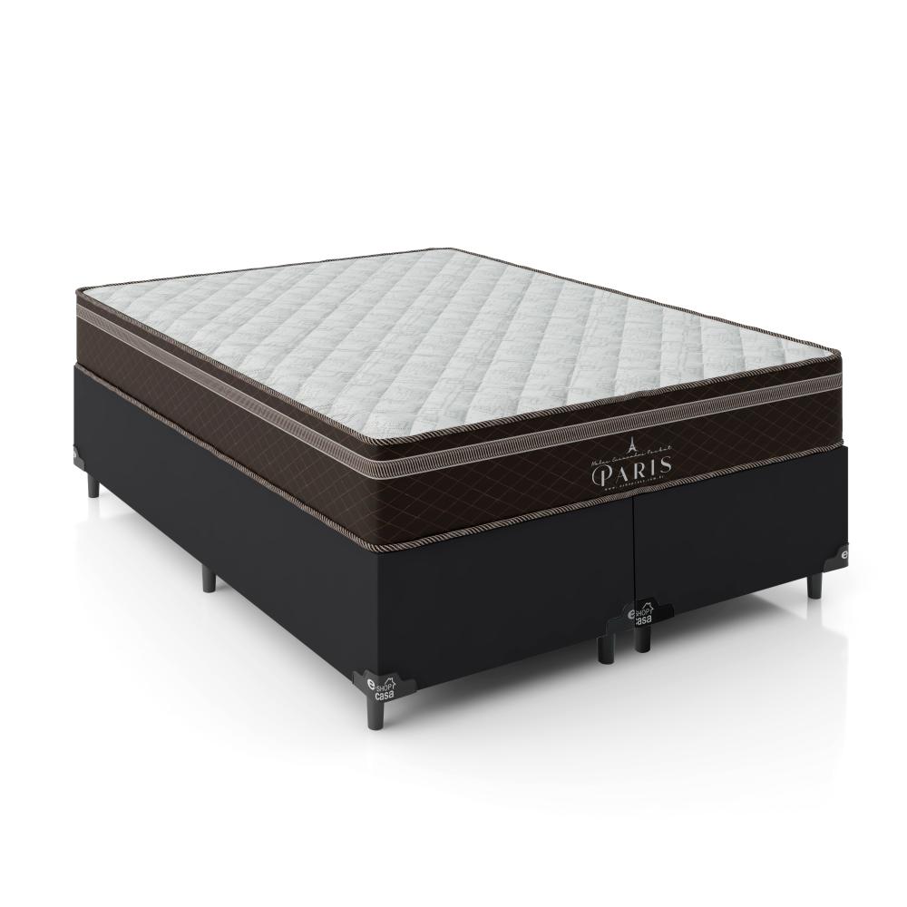 Cama Box Casal Bipartido + Colchão Paris Molas Ensacadas Pocket - 61x138x188cm - Couro Preto