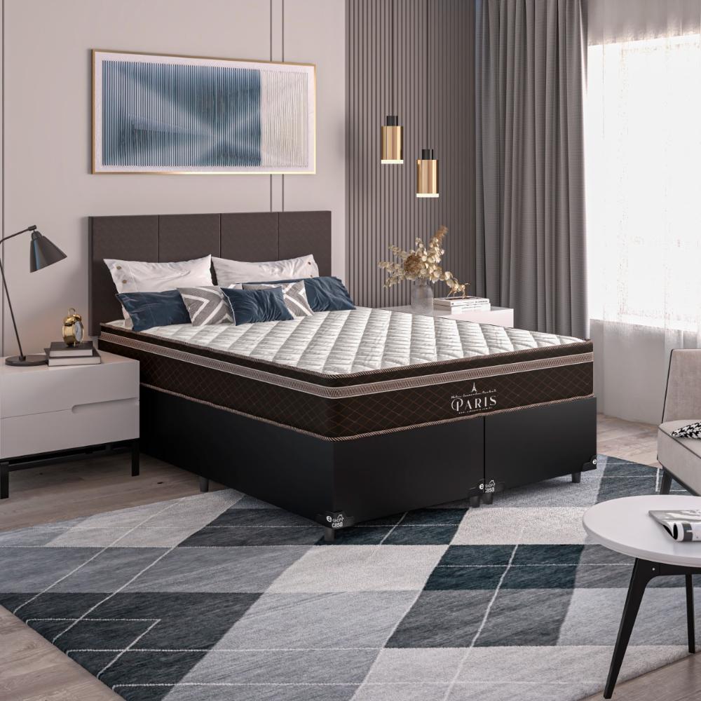 Cama Box Casal Bipartido + Colchão Paris Molas Ensacadas Pocket - 61x138x188cm - Couro Preto
