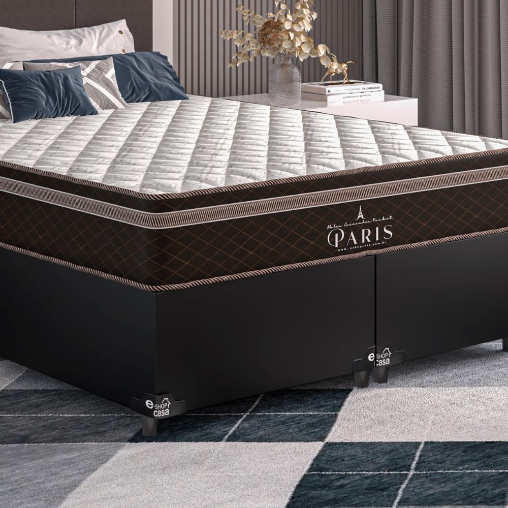 Cama Box Casal Bipartido + Colchão Paris Molas Ensacadas Pocket - 61x138x188cm - Couro Preto