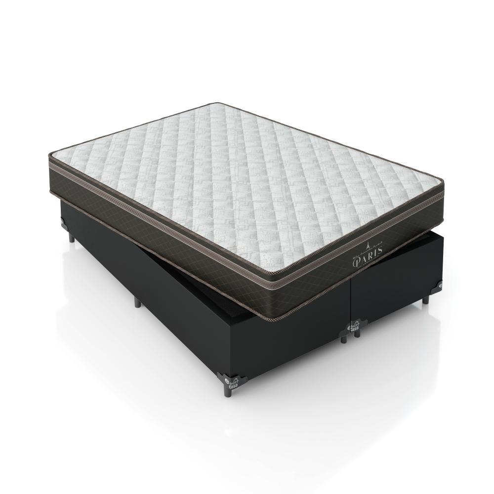 Cama Box Casal Bipartido + Colchão Paris Molas Ensacadas Pocket - 61x138x188cm - Couro Preto