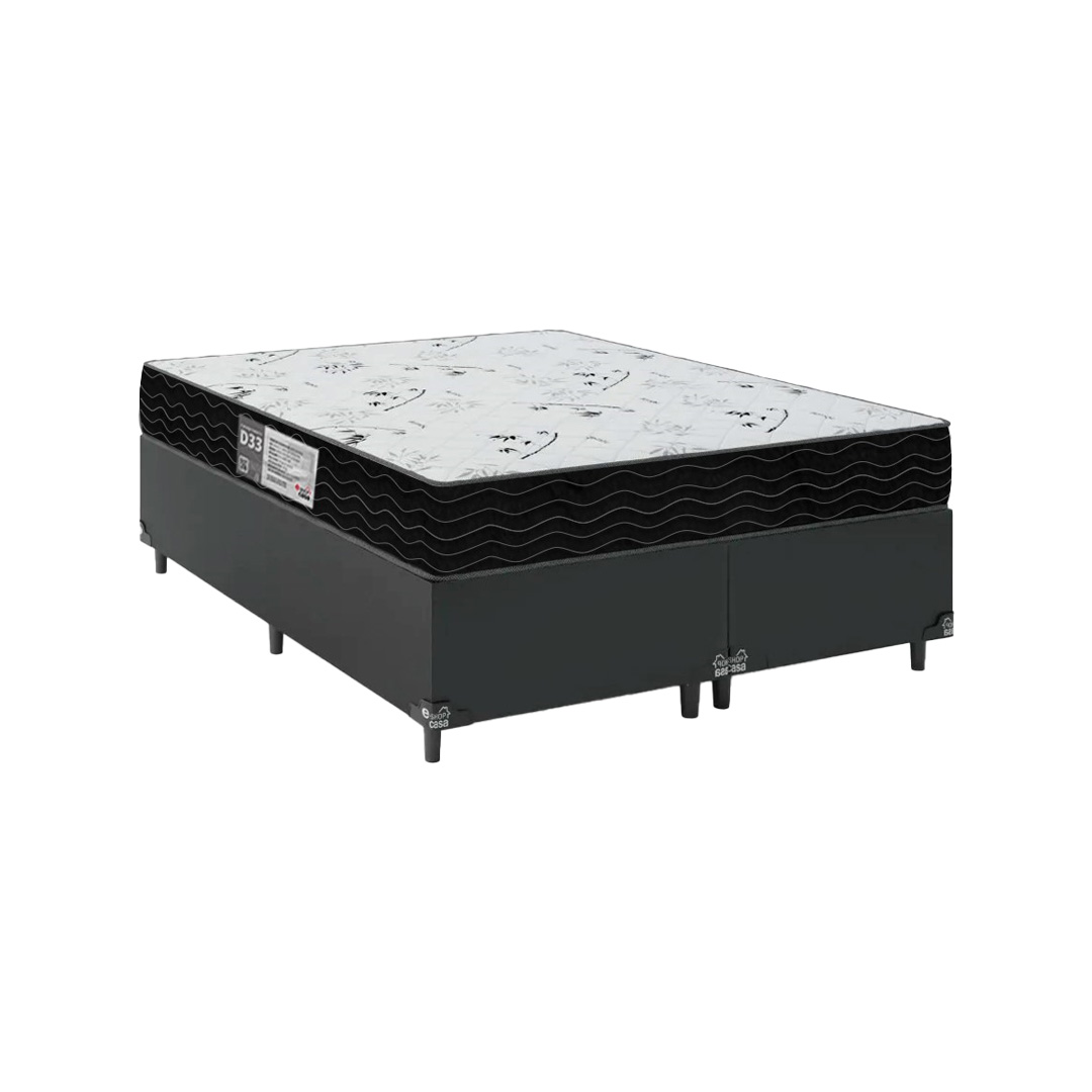 Cama Box Queen Bipartido + Colchão D33 One Face - 56x158x198cm  - Couro Preto
