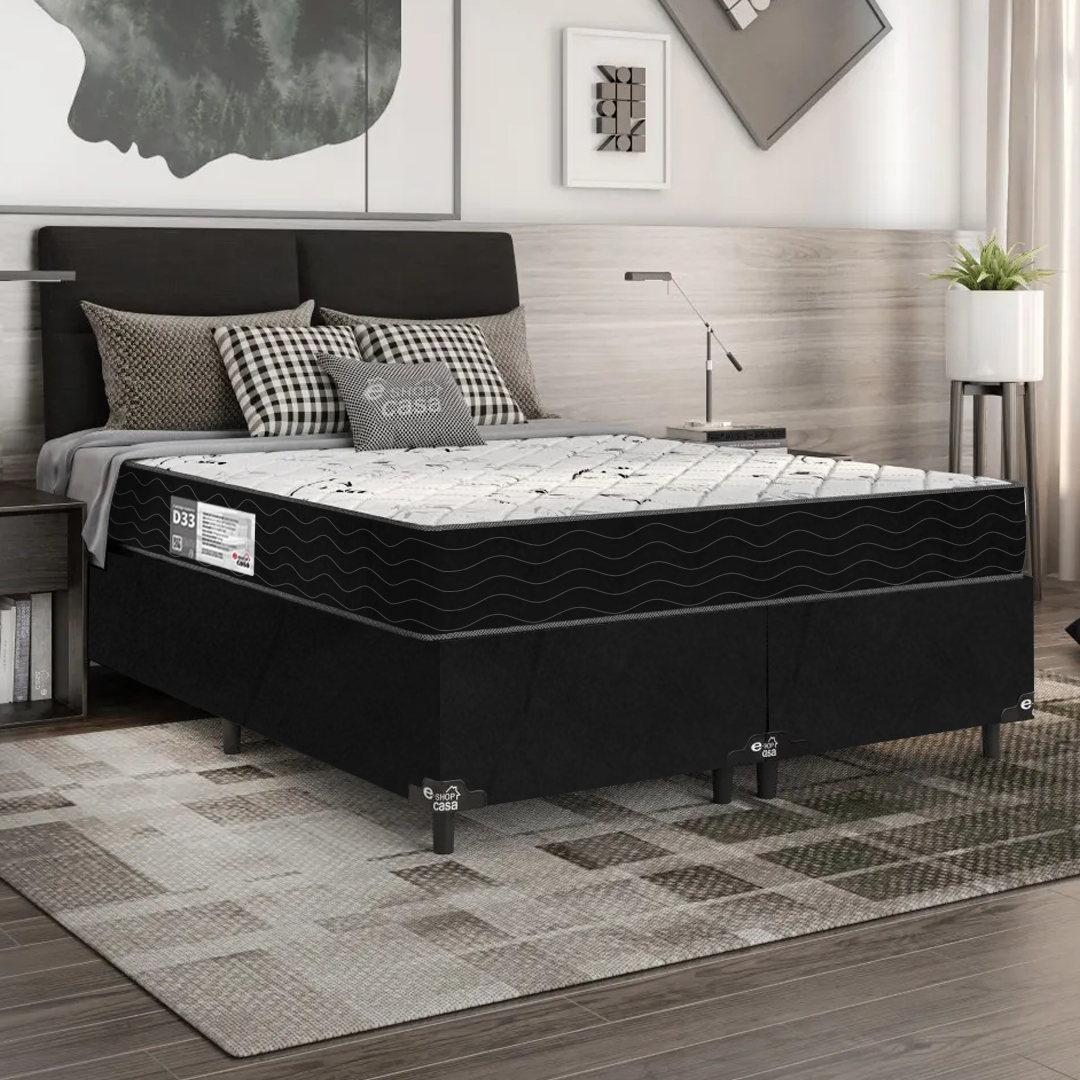 Cama Box Queen Bipartido + Colchão D33 One Face - 56x158x198cm - Suede Preto