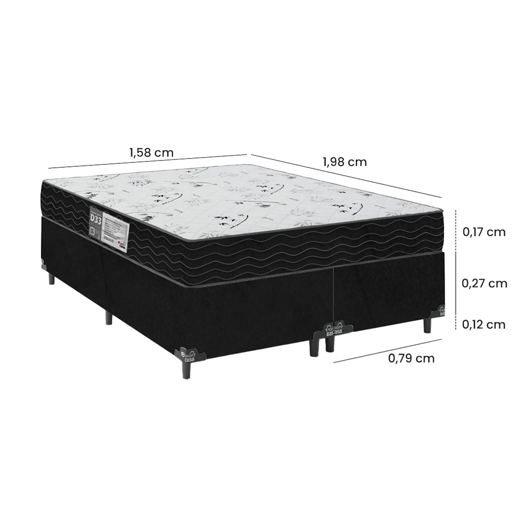 Cama Box Queen Bipartido + Colchão D33 One Face - 56x158x198cm - Suede Preto