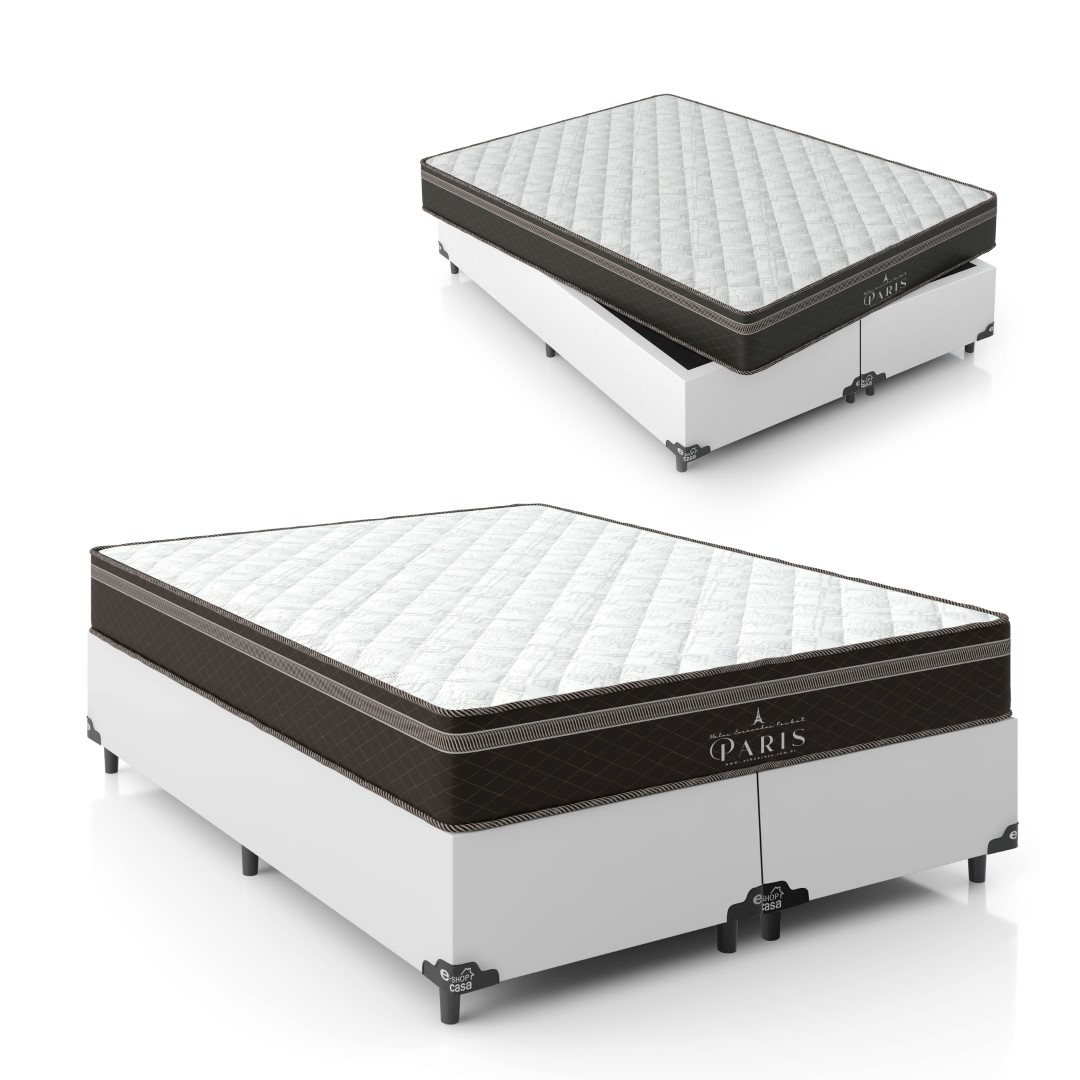 Cama Box Queen Bipartido + Colchão Paris Molas Ensacadas Pocket - 61x158x198cm - Couro Branco