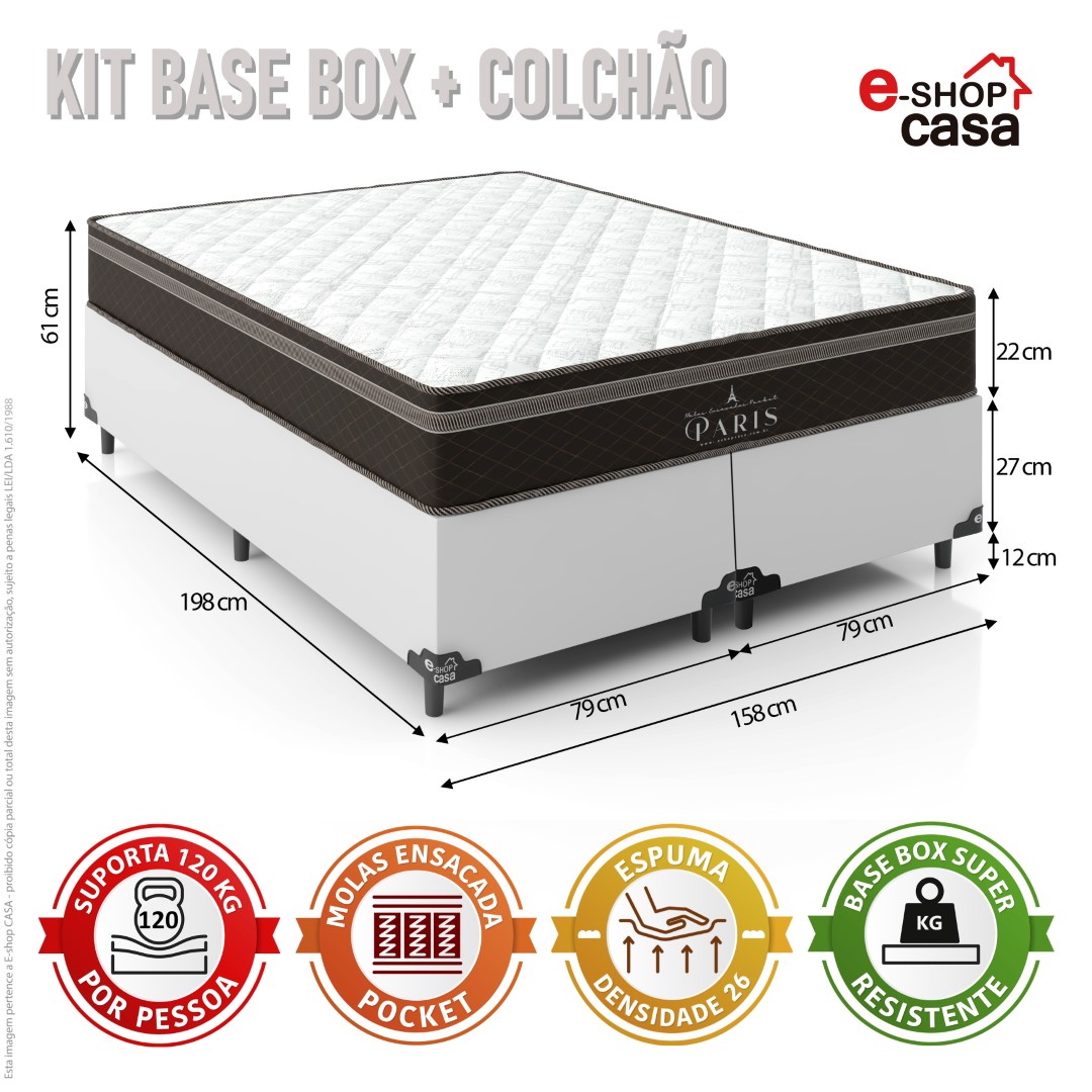 Cama Box Queen Bipartido + Colchão Paris Molas Ensacadas Pocket - 61x158x198cm - Couro Branco