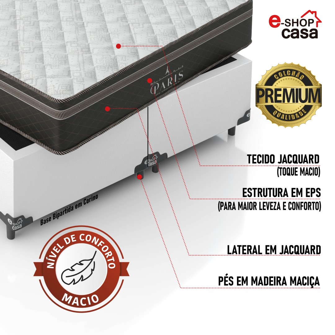 Cama Box Queen Bipartido + Colchão Paris Molas Ensacadas Pocket - 61x158x198cm - Couro Branco
