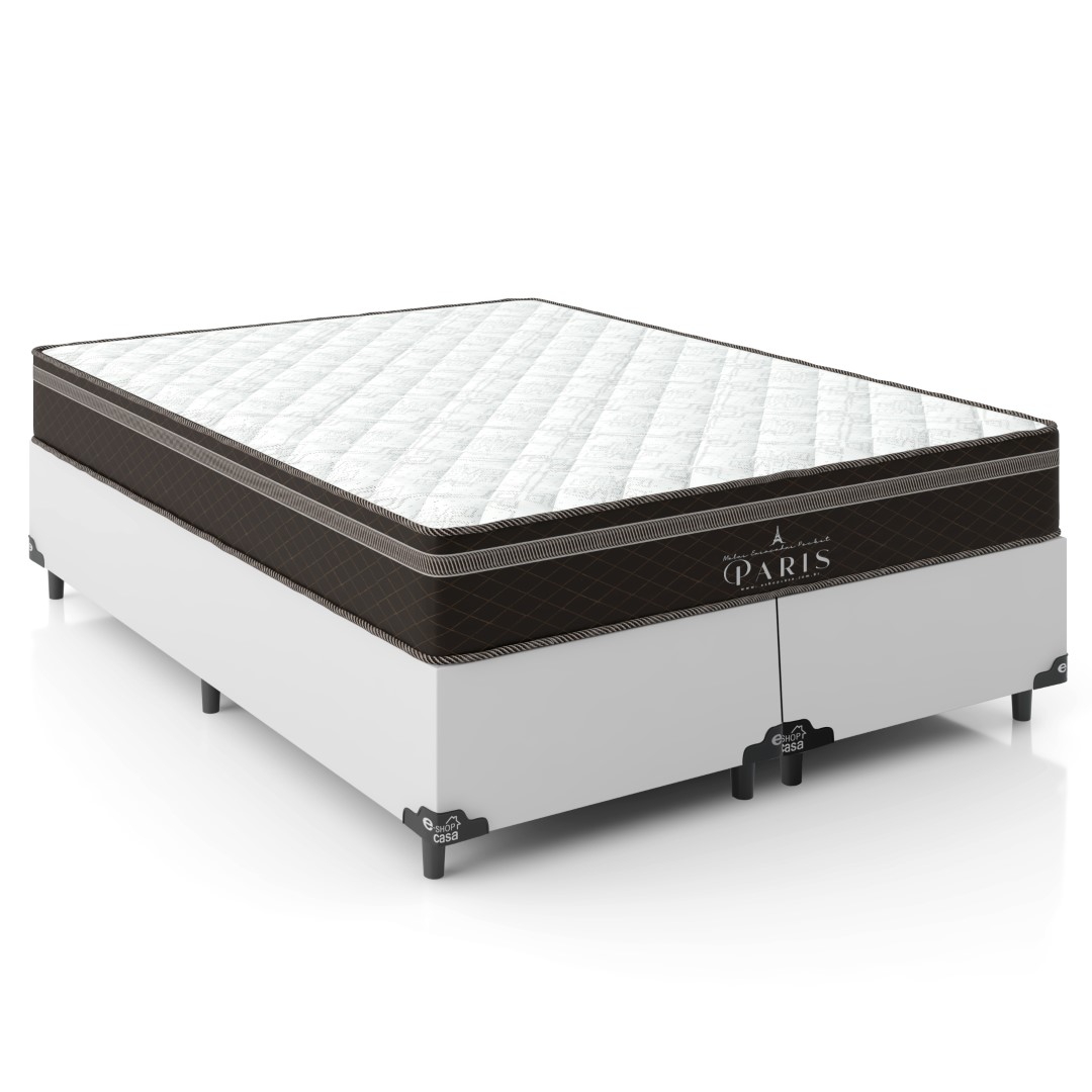 Cama Box Queen Bipartido + Colchão Paris Molas Ensacadas Pocket - 61x158x198cm - Couro Branco