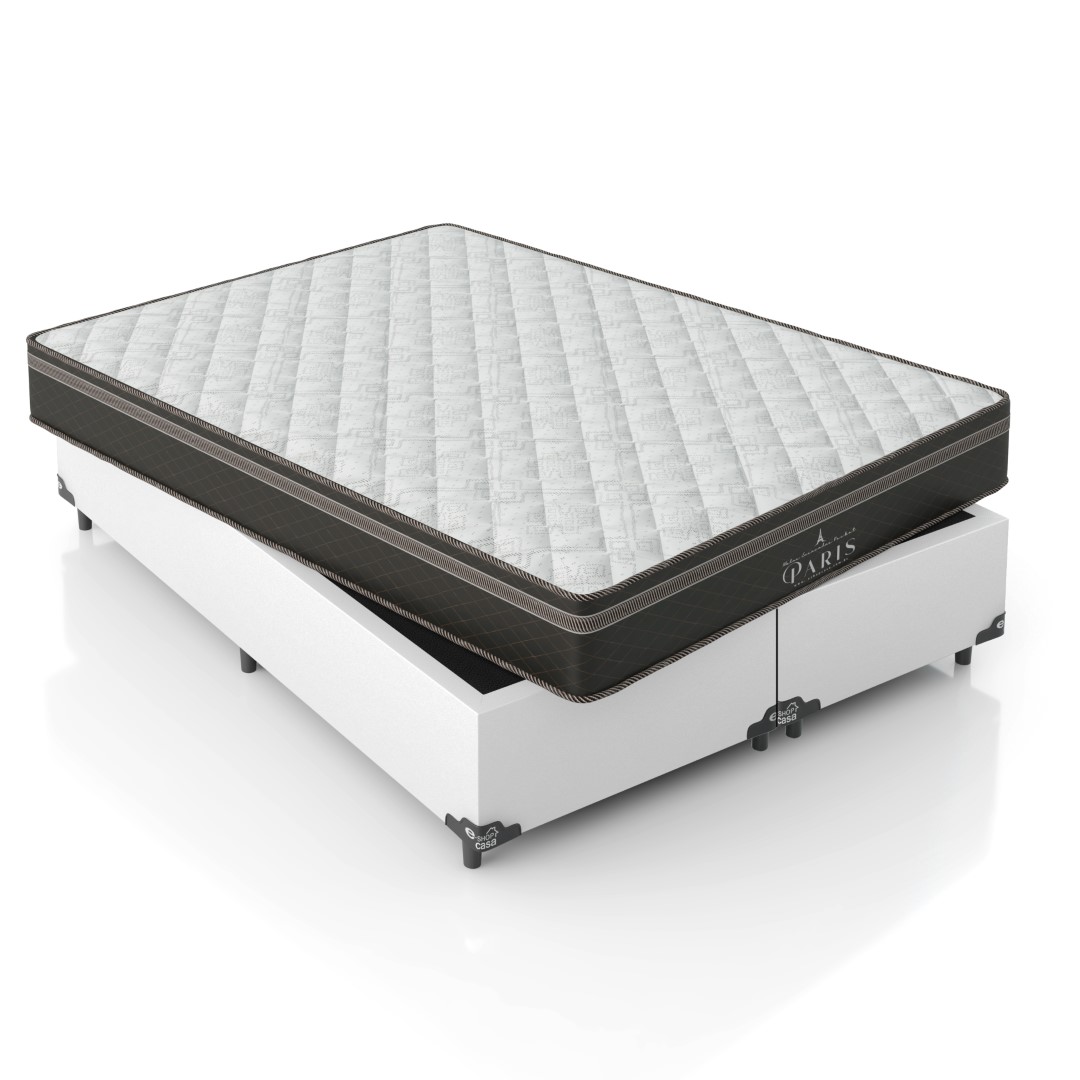 Cama Box Queen Bipartido + Colchão Paris Molas Ensacadas Pocket - 61x158x198cm - Couro Branco