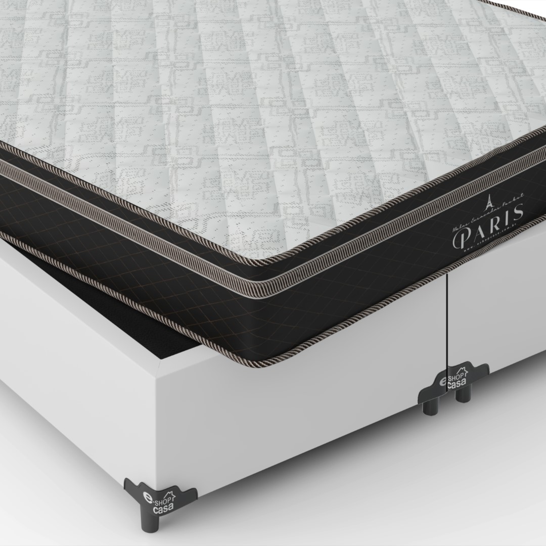 Cama Box Queen Bipartido + Colchão Paris Molas Ensacadas Pocket - 61x158x198cm - Couro Branco