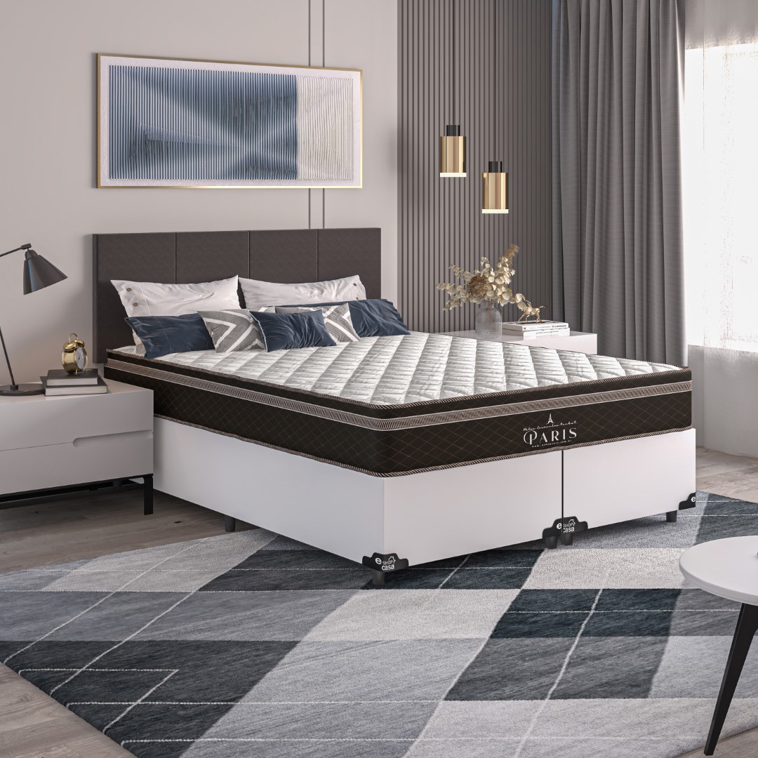 Cama Box Queen Bipartido + Colchão Paris Molas Ensacadas Pocket - 61x158x198cm - Couro Branco