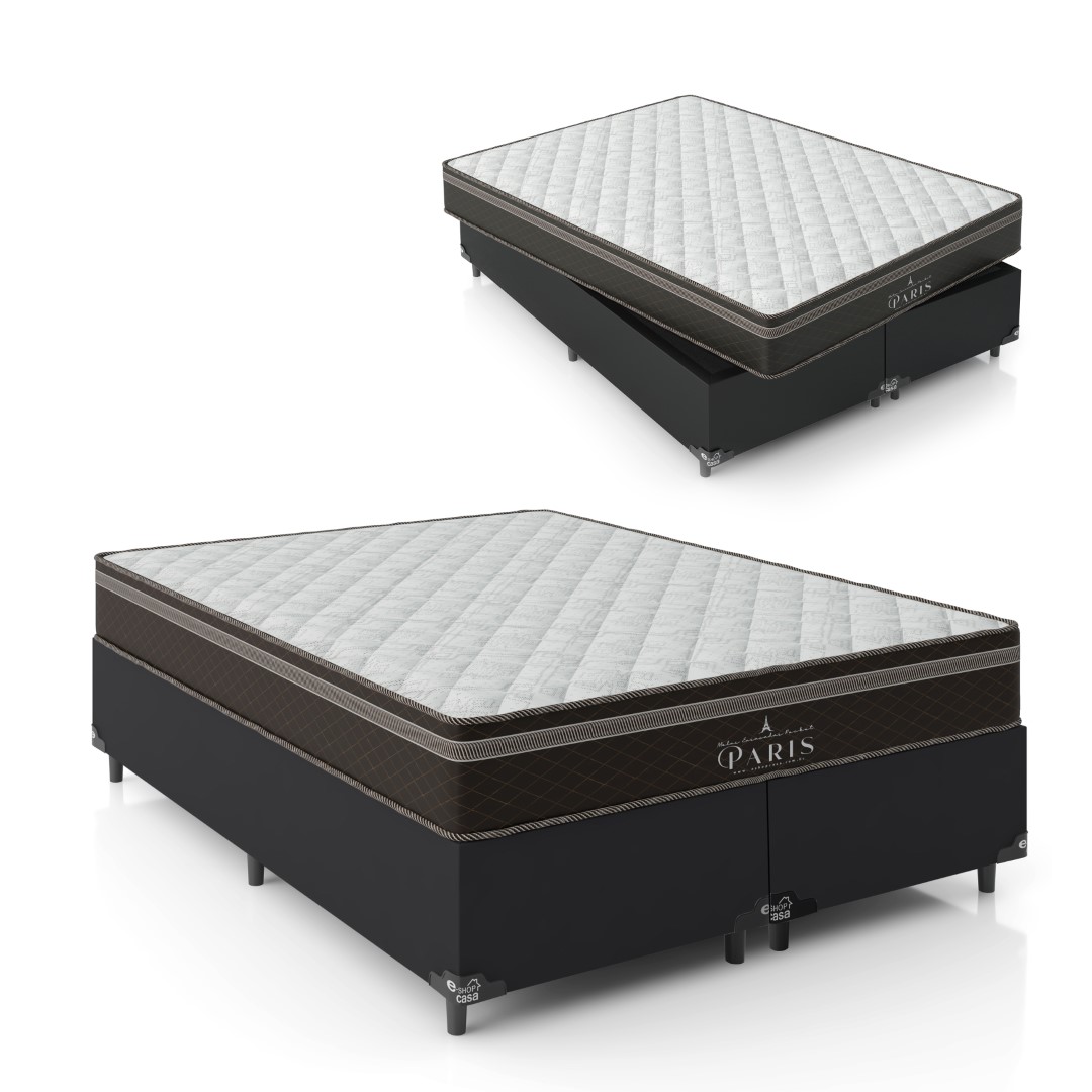 Cama Box Queen Bipartido + Colchão Paris Molas Ensacadas Pocket - 61x158x198cm - Couro Preto