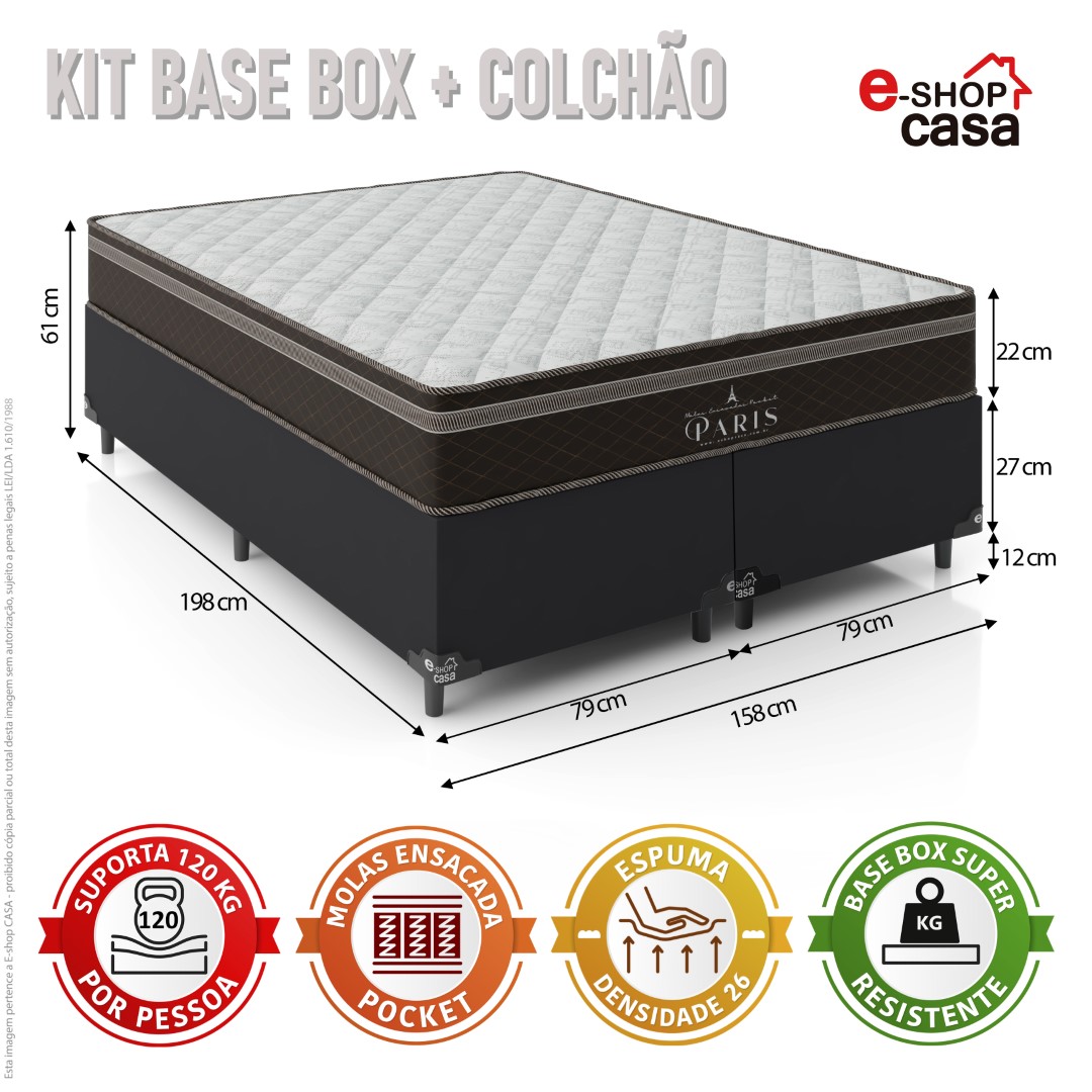 Cama Box Queen Bipartido + Colchão Paris Molas Ensacadas Pocket - 61x158x198cm - Couro Preto