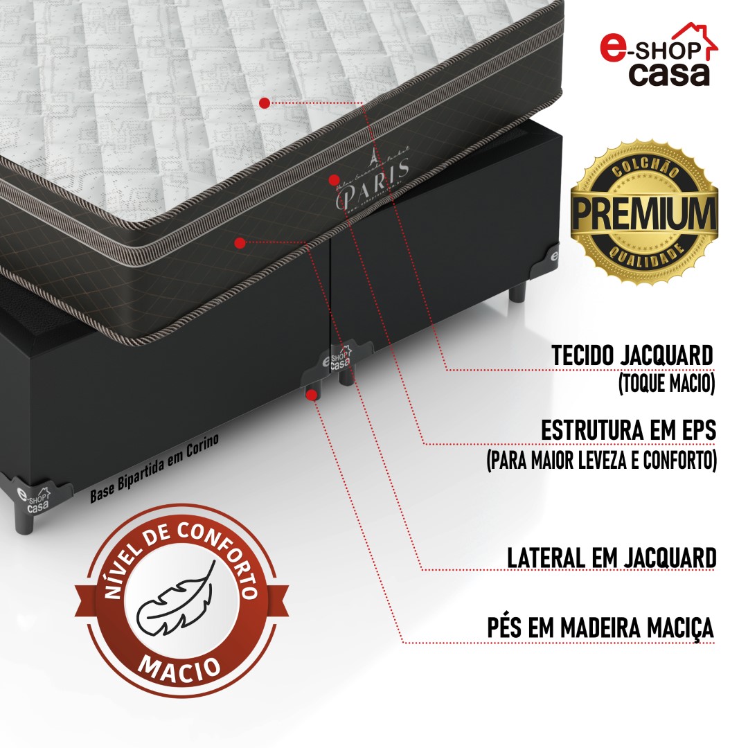 Cama Box Queen Bipartido + Colchão Paris Molas Ensacadas Pocket - 61x158x198cm - Couro Preto