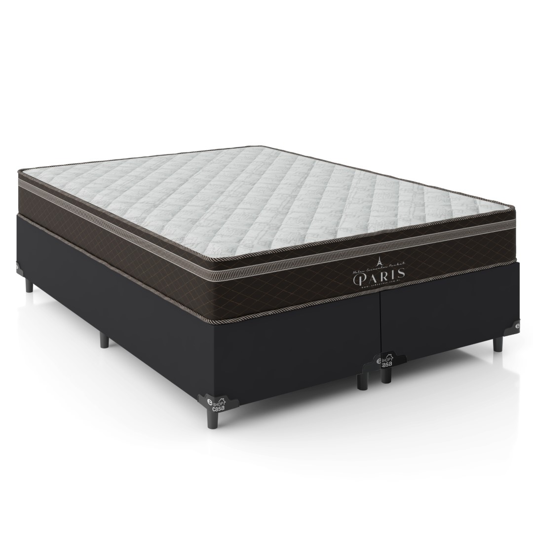 Cama Box Queen Bipartido + Colchão Paris Molas Ensacadas Pocket - 61x158x198cm - Couro Preto
