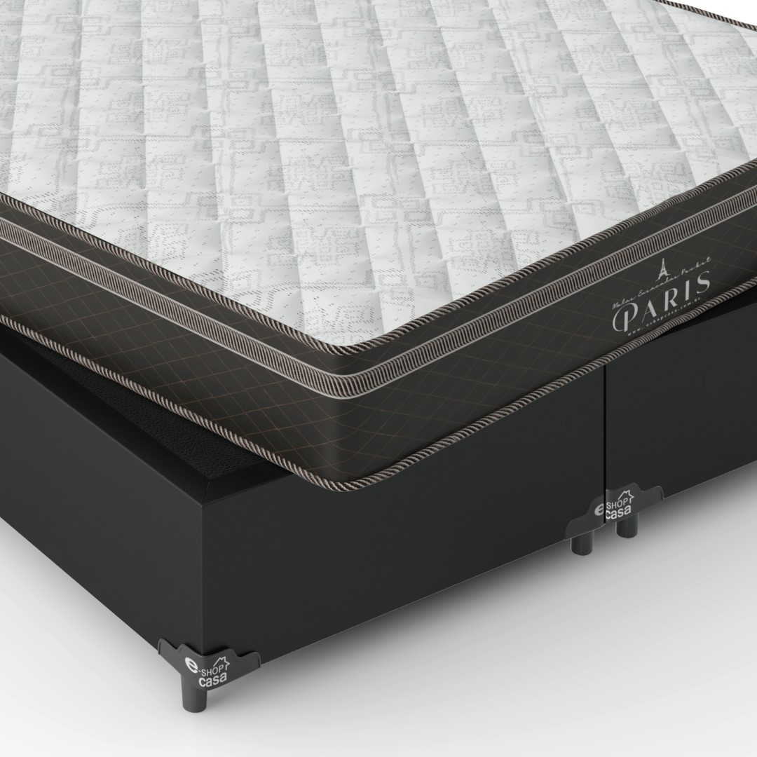 Cama Box Queen Bipartido + Colchão Paris Molas Ensacadas Pocket - 61x158x198cm - Couro Preto