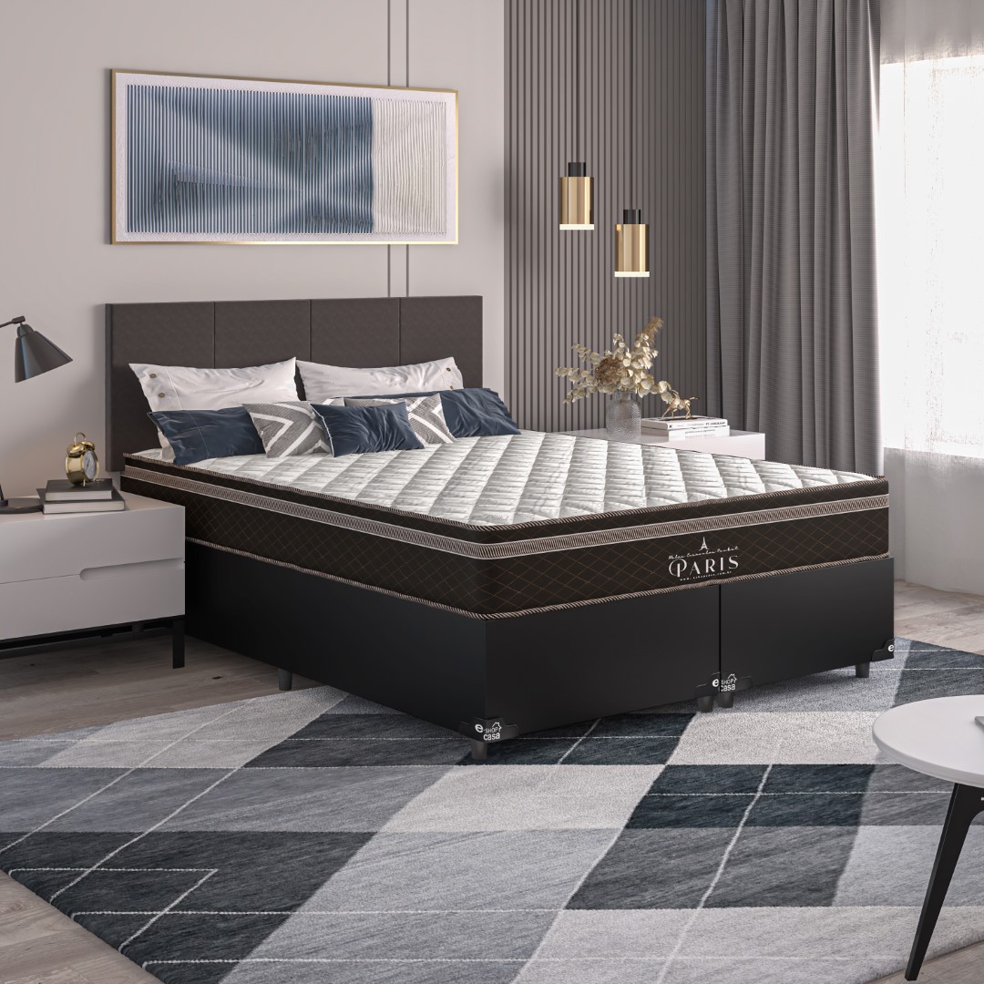 Cama Box Queen Bipartido + Colchão Paris Molas Ensacadas Pocket - 61x158x198cm - Couro Preto