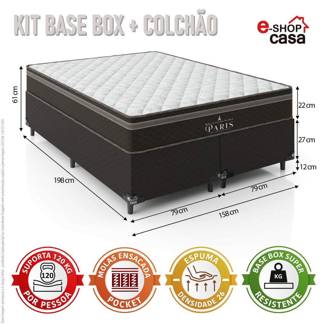 Cama Box Queen Bipartido + Colchão Paris Molas Ensacadas Pocket - 61x158x198cm - Jacquard Marrom