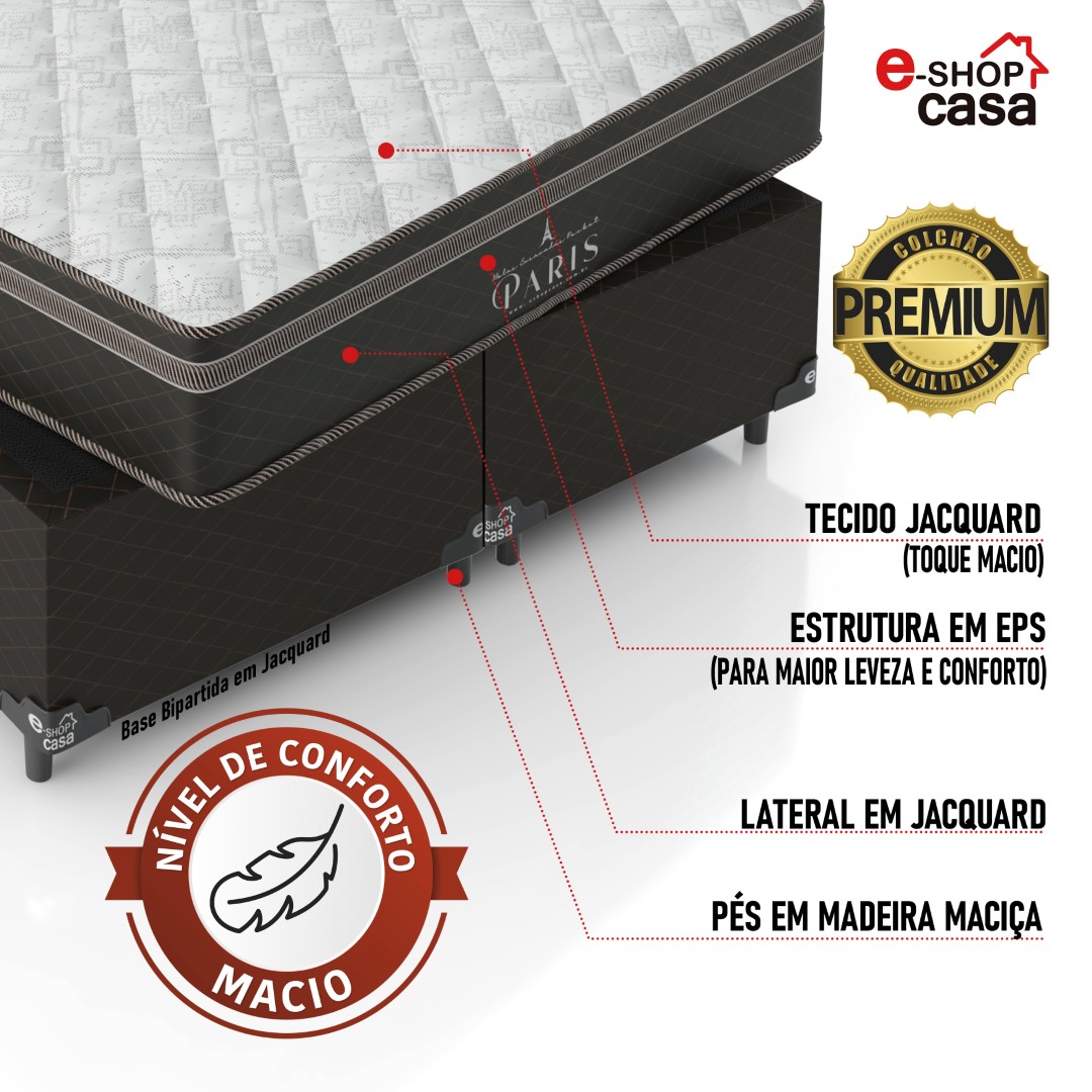 Cama Box Queen Bipartido + Colchão Paris Molas Ensacadas Pocket - 61x158x198cm - Jacquard Marrom
