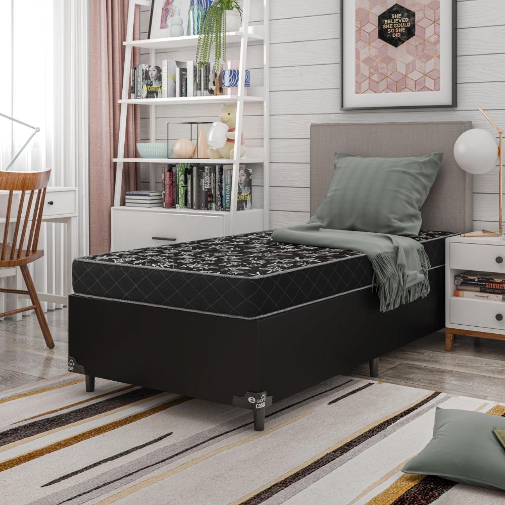 Cama Box Solteiro + Colchão D20 - Couro Preto