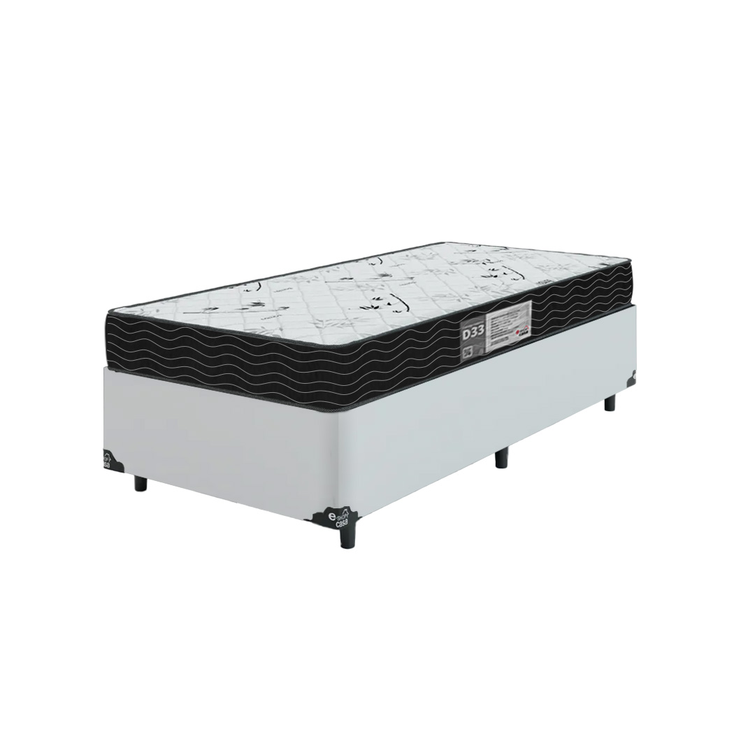 Cama Box Solteiro + Colchão D33 One Face -  56x88x188cm - Couro Branco