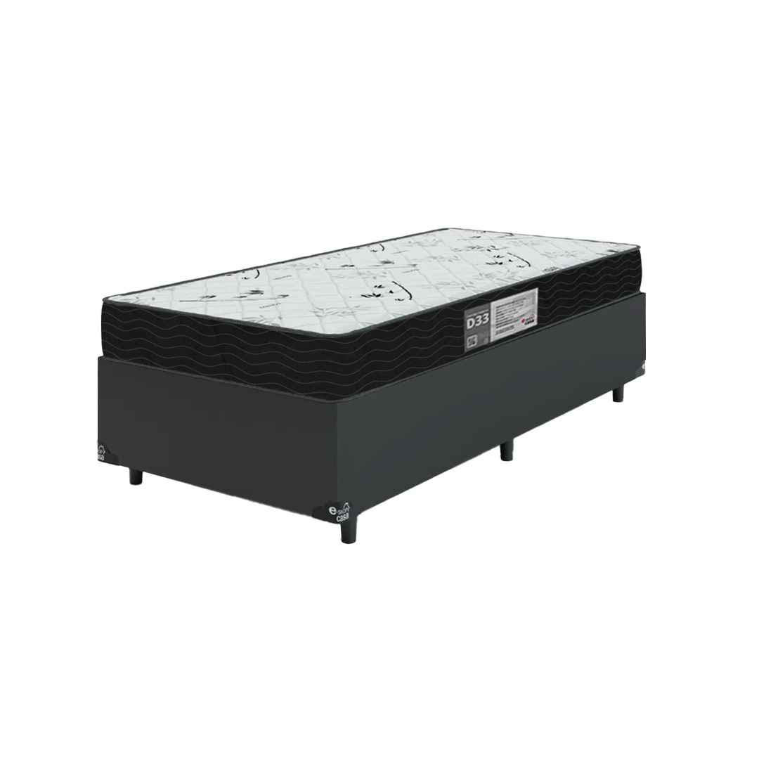 Cama Box Solteiro + Colchão D33 One Face - 56x88x188cm - Couro Preto