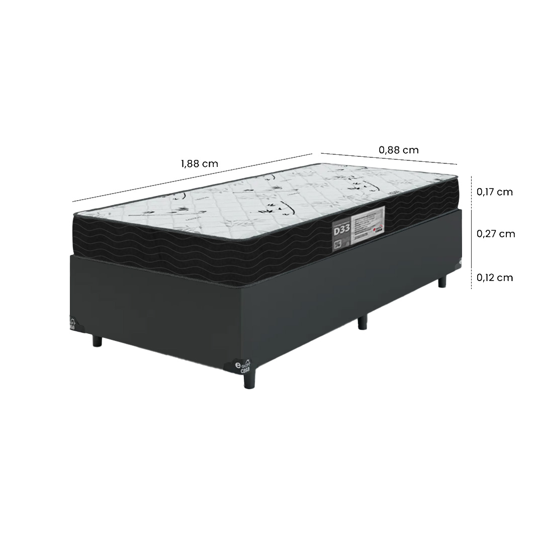 Cama Box Solteiro + Colchão D33 One Face - 56x88x188cm - Couro Preto