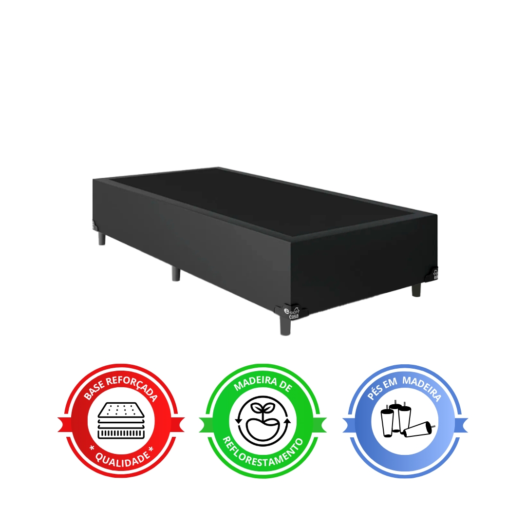 Cama Box Solteiro + Colchão D33 One Face - 56x88x188cm - Couro Preto