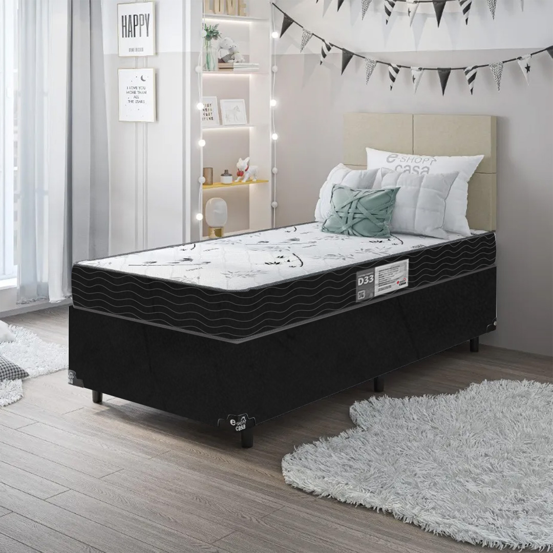 Cama Box Solteiro + Colchão D33 One Face - 56x88x188cm - Suede Preto