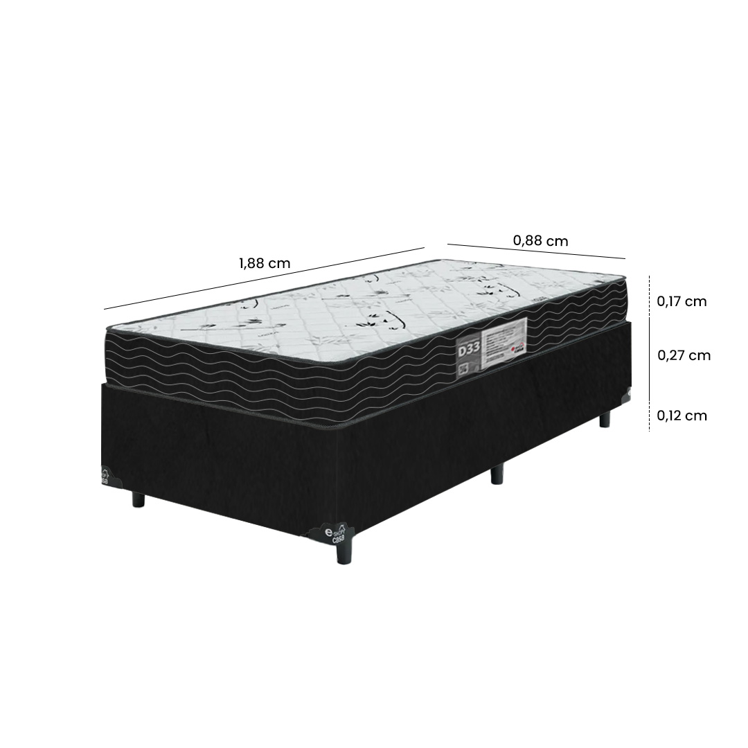 Cama Box Solteiro + Colchão D33 One Face - 56x88x188cm - Suede Preto