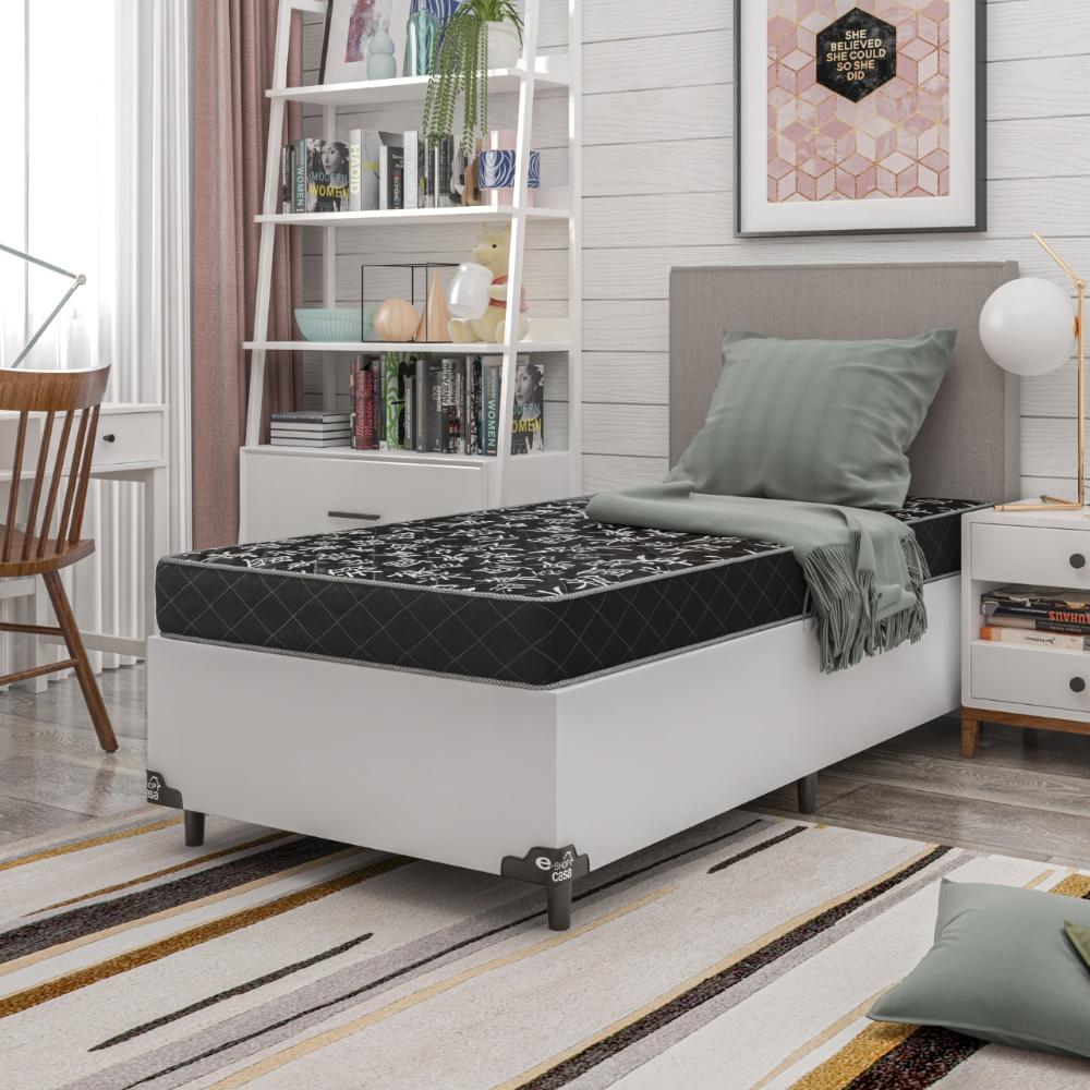 Cama Box Solteiro + Colchão Espuma D20 - 51x88x188cm - Couro Branco